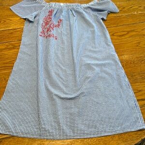 Tacera blue and white gingham check dress. Red floral embroidery.  Size Large